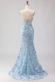Blauwe zeemeermin strapless korset 3D bloemen pailletten lange galajurk met split