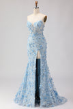 Blauwe zeemeermin strapless korset 3D bloemen pailletten lange galajurk met split