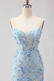 Blauwe zeemeermin strapless korset 3D bloemen pailletten lange galajurk met split