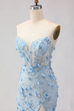 Blauwe zeemeermin strapless korset 3D bloemen pailletten lange galajurk met split