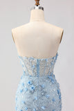 Blauwe zeemeermin strapless korset 3D bloemen pailletten lange galajurk met split