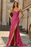 Fuchsia zeemeermin korset strapless 3D bloemen pailletten lange galajurk met split