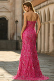 Fuchsia zeemeermin korset strapless 3D bloemen pailletten lange galajurk met split