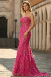 Fuchsia zeemeermin korset strapless 3D bloemen pailletten lange galajurk met split