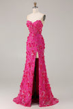 Blauwe zeemeermin strapless korset 3D bloemen pailletten lange galajurk met split