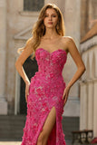 Fuchsia zeemeermin korset strapless 3D bloemen pailletten lange galajurk met split