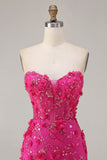 Fuchsia zeemeermin strapless korset 3D bloemen pailletten lange galajurk met split