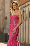 Fuchsia zeemeermin korset strapless 3D bloemen pailletten lange galajurk met split