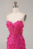 Blauwe zeemeermin strapless korset 3D bloemen pailletten lange galajurk met split