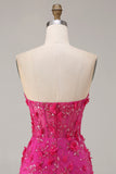 Fuchsia zeemeermin strapless korset 3D bloemen pailletten lange galajurk met split