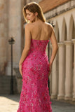 Fuchsia zeemeermin korset strapless 3D bloemen pailletten lange galajurk met split