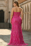 Strapless blauwe zeemeermin korset 3D bloemen pailletten lange galajurk met split