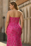 Fuchsia zeemeermin strapless korset 3D bloemen pailletten lange plusmaat galajurk met split