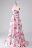 Witte fuchsiabloemprint strapless geplooide A-lijn galajurk