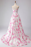 Witte fuchsiabloemprint strapless geplooide A-lijn galajurk