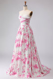 Witte fuchsiabloemprint strapless geplooide A-lijn galajurk