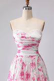 Witte fuchsiabloemprint strapless geplooide A-lijn galajurk
