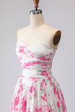 Witte fuchsiabloemprint strapless geplooide A-lijn galajurk