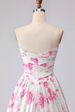 Witte fuchsiabloemprint strapless geplooide A-lijn galajurk