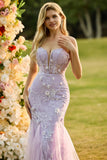 Paarse zeemeermin strapless kanten korset lange galajurk met 3D-bloemen