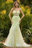 Zeemeermin Geel strapless Korset Kant Lange Promenade Jurk met 3D bloemen