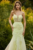 Paarse zeemeermin strapless kanten korset lange galajurk met 3D-bloemen