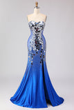 Koninklijk Blauwe Zeemeermin strapless kralenjurk met een zijsplit en lange galajurk met spiegel