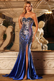 Koninklijk blauwe strapless zeemeerminjurk met kralensplit en lange baljurk met spiegel