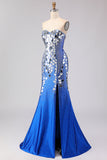 Koninklijk Blauwe Zeemeermin strapless kralenjurk met een zijsplit en lange galajurk met spiegel