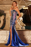 Koninklijk blauwe strapless zeemeerminjurk met kralensplit en lange baljurk met spiegel