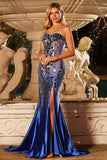 Koninklijk blauwe strapless zeemeerminjurk met kralensplit en lange baljurk met spiegel