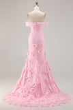 Roze 3D Bloemen Off The Shoulder Zeemeermin Baljurk
