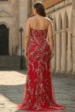 Rode Zeemeermin strapless geappliqueerde lange galajurk met kralen