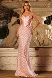 Sweetheart Mermaid Blush korsetjurk met kralen versierde lange galajurk met pailletten