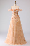 Champagne Off The Shoulder Bloemen A-Line Convertible Lange Galajurk