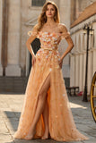 Champagne Off The Shoulder Bloemen A-Line Convertible Lange Galajurk