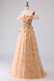 Champagne Off The Shoulder Bloemen A-Line Convertible Lange Galajurk