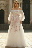Witte off-the-shoulder A-lijn tule geborduurde lange plusmaat jurk met pailletten