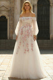 Off-the-shoulder witte A-lijn geborduurde tule lange galajurk met pailletten