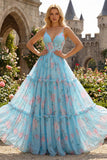 Blauwe Roze Bloem A-lijn Corset Korset Spaghetti Bandjes Chiffon Lange Galajurk