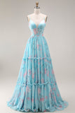 Blauwe Roze Bloem A-lijn Corset Korset Spaghetti Bandjes Chiffon Lange Galajurk