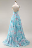 Blauwe Roze Bloem A-lijn Corset Korset Spaghetti Bandjes Chiffon Lange Galajurk