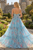 Blauwe Roze Bloem A-lijn Corset Korset Spaghetti Bandjes Chiffon Lange Galajurk