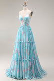 Blauwe Roze Bloem A-lijn Corset Korset Spaghetti Bandjes Chiffon Lange Galajurk