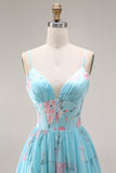 Blauwe Roze Bloem A-lijn Corset Korset Spaghetti Bandjes Chiffon Lange Galajurk