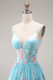 Blauwe Roze Bloem A-lijn Corset Korset Spaghetti Bandjes Chiffon Lange Galajurk
