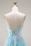 Blauwe Roze Bloem A-lijn Corset Korset Spaghetti Bandjes Chiffon Lange Galajurk