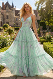 Blauwe Roze Bloem A-lijn Corset Korset Spaghetti Bandjes Chiffon Lange Galajurk