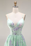 Blauwe Roze Bloem A-lijn Corset Korset Spaghetti Bandjes Chiffon Lange Galajurk