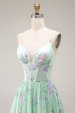Blauwe Roze Bloem A-lijn Corset Korset Spaghetti Bandjes Chiffon Lange Galajurk